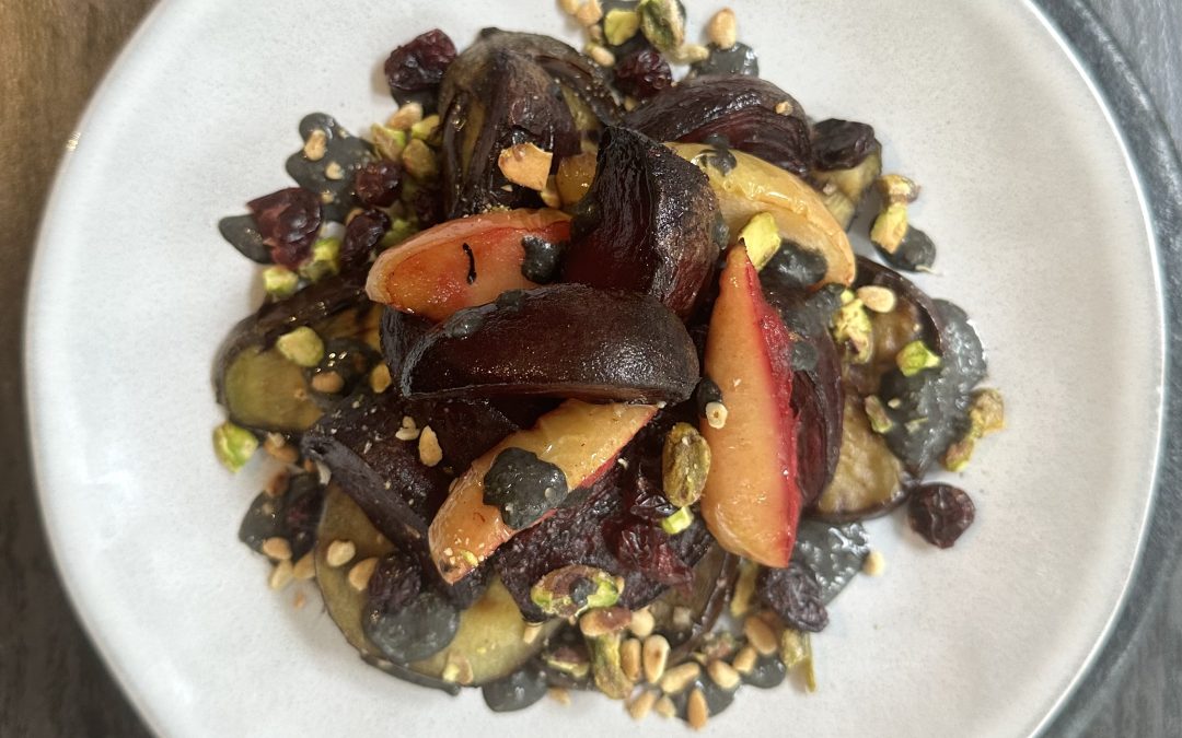 Warm Red Veg, Apple, Tahini & Pistachio Salad