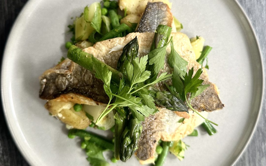 Pan Fried Sea Bass On Spring Veg