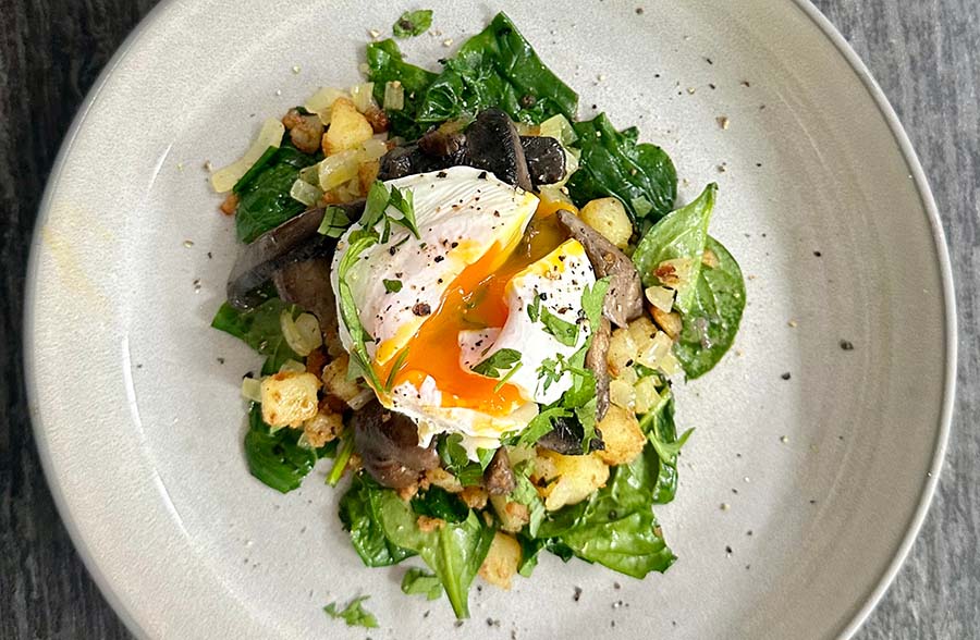 Potato Hash, Creamy Mushrooms & Poached Egg
